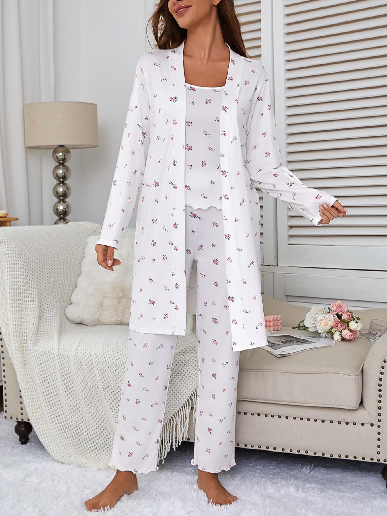 Women's Floral Print Robe Set with Spaghetti Strap Pants, Comfortable Casual Home Wear, All-Season Fitted Sleepwear Collection, Loungewear
