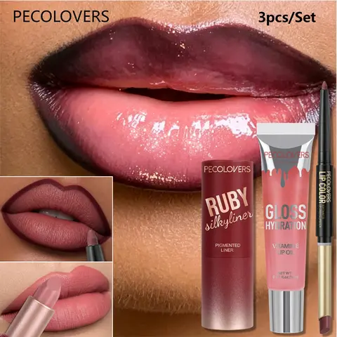 3PCS/SET Tube gloss &2-Toned Lipline &Lip Glaze,Creamy Texture Lip Gloss，Moisturizing，Nourishing Lip Glaze, Daily Makeup， Sleek Tube Packaging