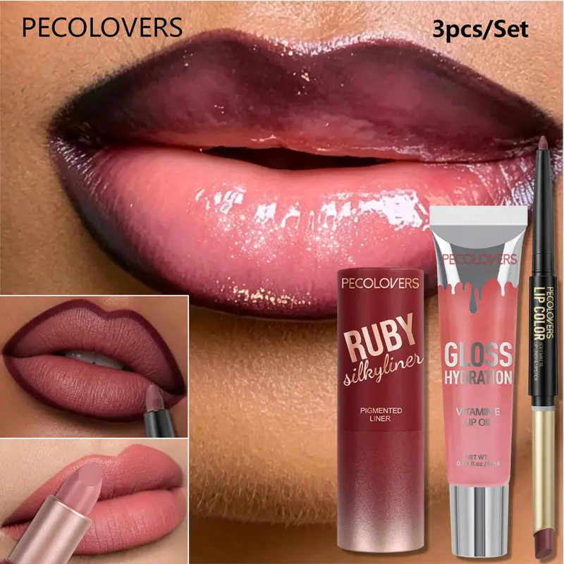 3PCS/SET Tube gloss &2-Toned Lipline &Lip Glaze,Creamy Texture Lip Gloss，Moisturizing，Nourishing Lip Glaze, Daily Makeup， Sleek Tube Packaging