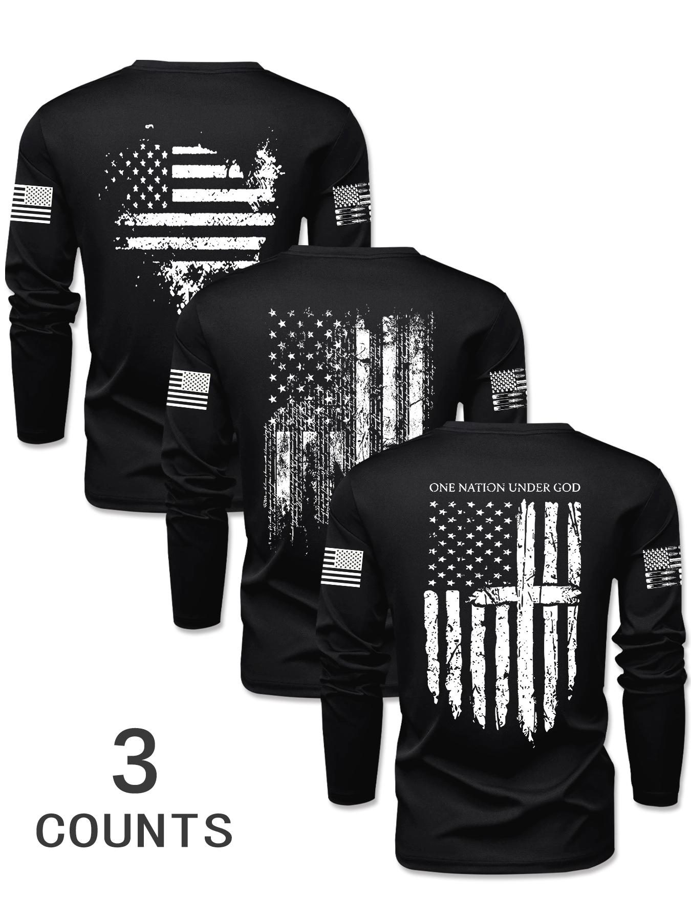 Men's Long Sleeve Round Neck T-Shirts, Casual Polyester Knit Tops with Flag Print, Fitted Style for Outdoor Leisure Daily Wear