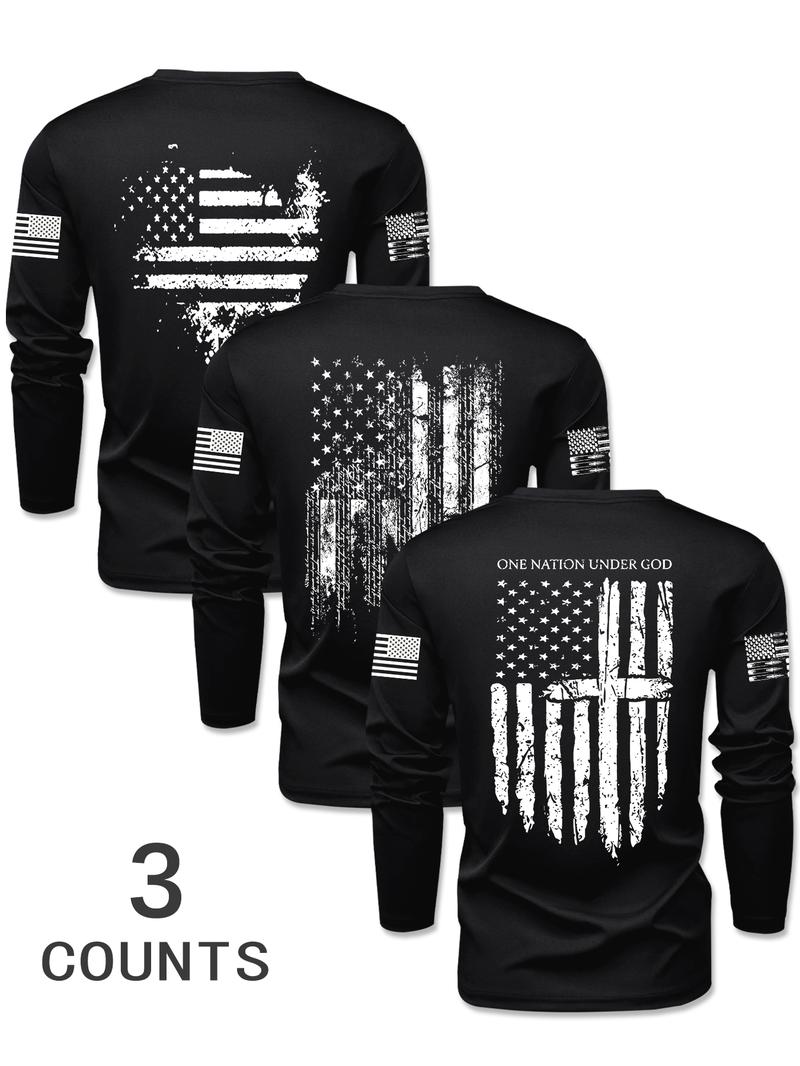 Men's Long Sleeve Round Neck T-Shirts, Casual Polyester Knit Tops with Flag Print, Fitted Style for Outdoor Leisure Daily Wear