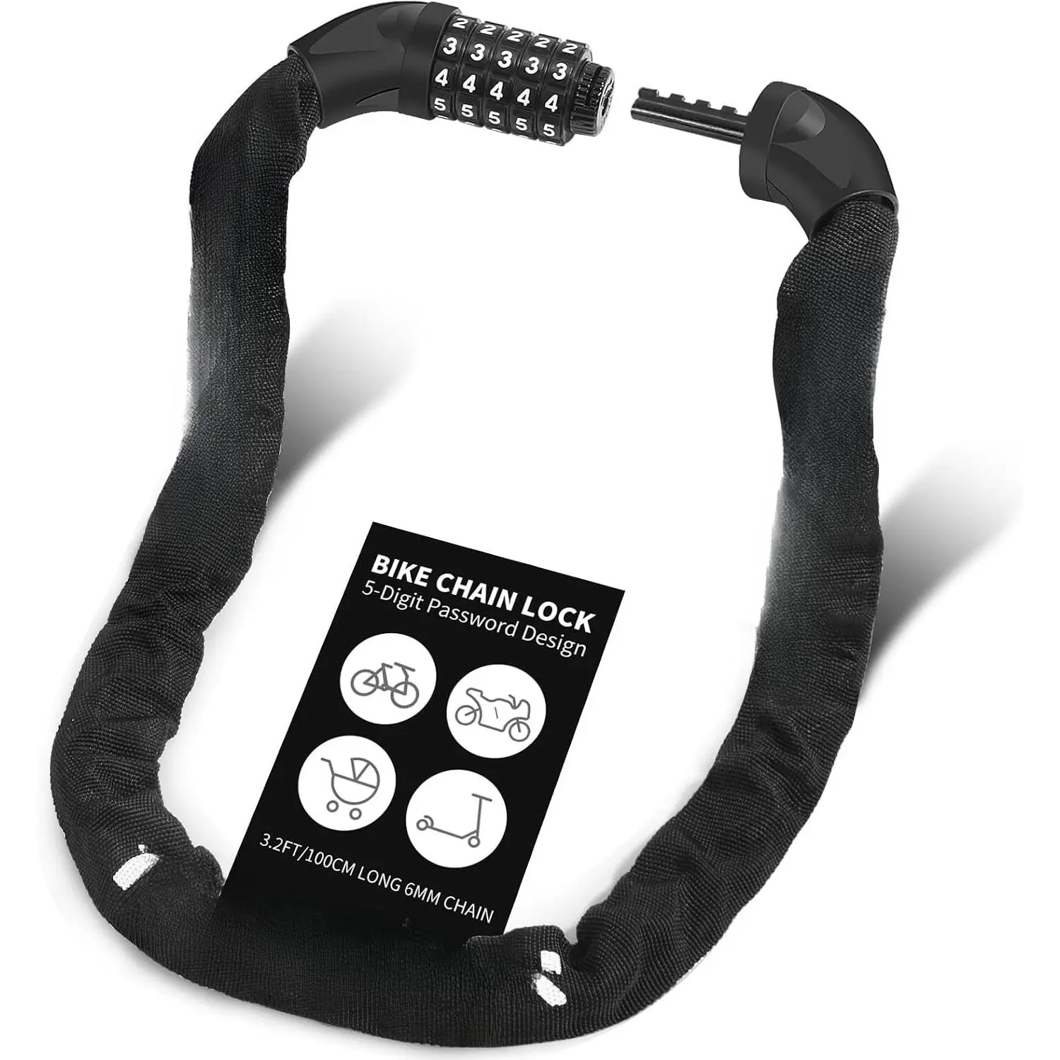 Chain Lock 5 Digit Combination  Lock (Black) | 3.2Ft Long, High  Heavy Duty Anti , Resettable Keyless  Lock for Electric Scooter/Ebike/
