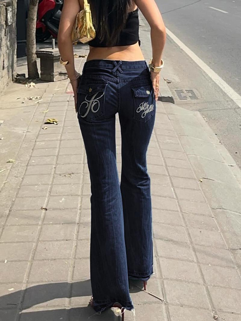 Women's Embroidered Button Pocket Flare Pants, Elegant Daily Wear, Fashionable All-Season Bottoms, Slim-Fitting Y2K Style