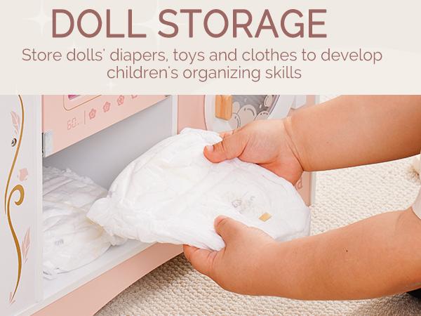 ROBUD Baby Doll Crib, Pink Baby Doll Beds, Wooden Doll Changing Station with Seat, Bottle Sterilizer, Washing Machine and Storage, Doll Accessories of Toy Crib to Kids