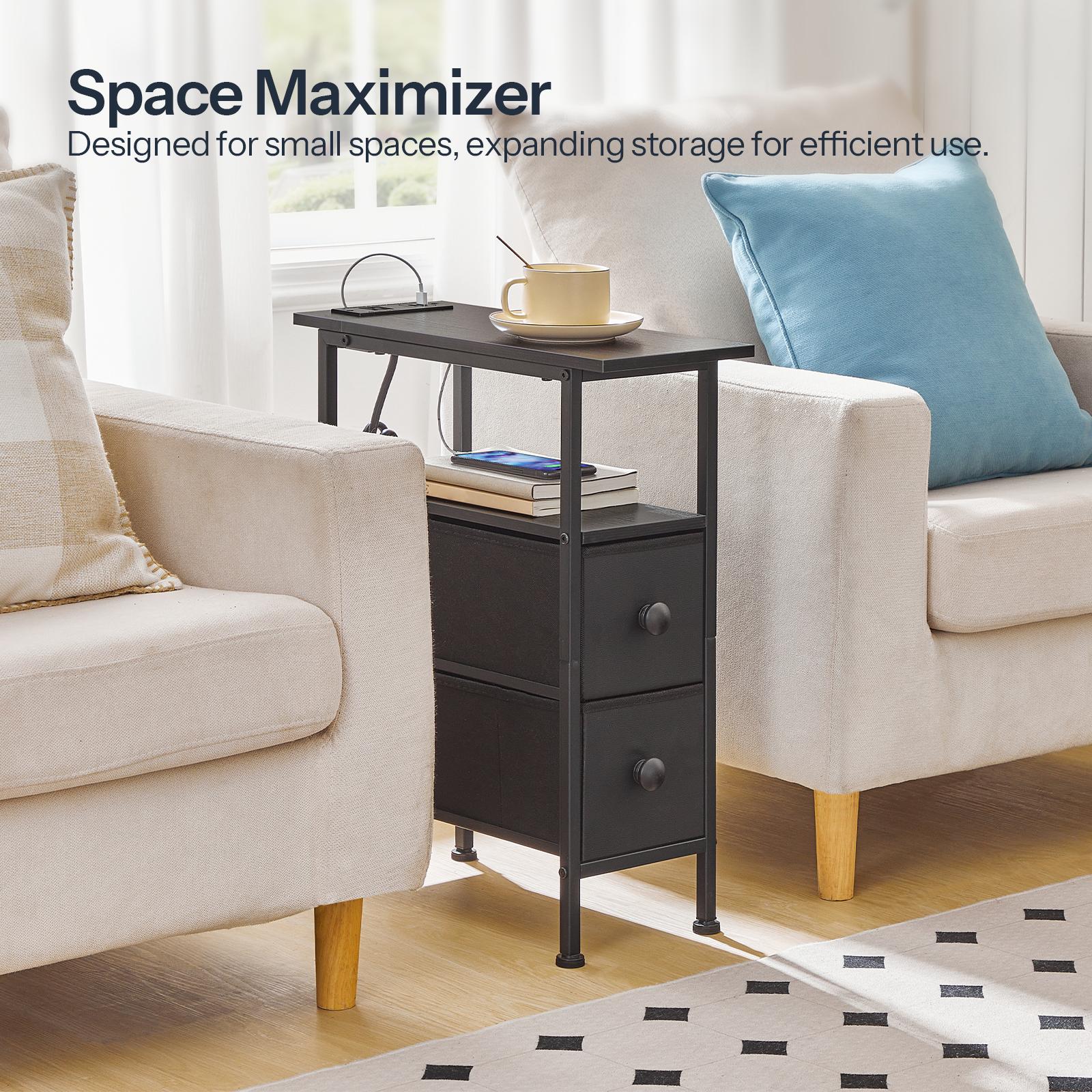 HOOBRO End Table with Charging Station, Narrow Side Table with 2 Fabric Drawers, Skinny Nightstand with Storage, Slim Bedside Table for Bedroom, Living Room, Small Spaces, Black