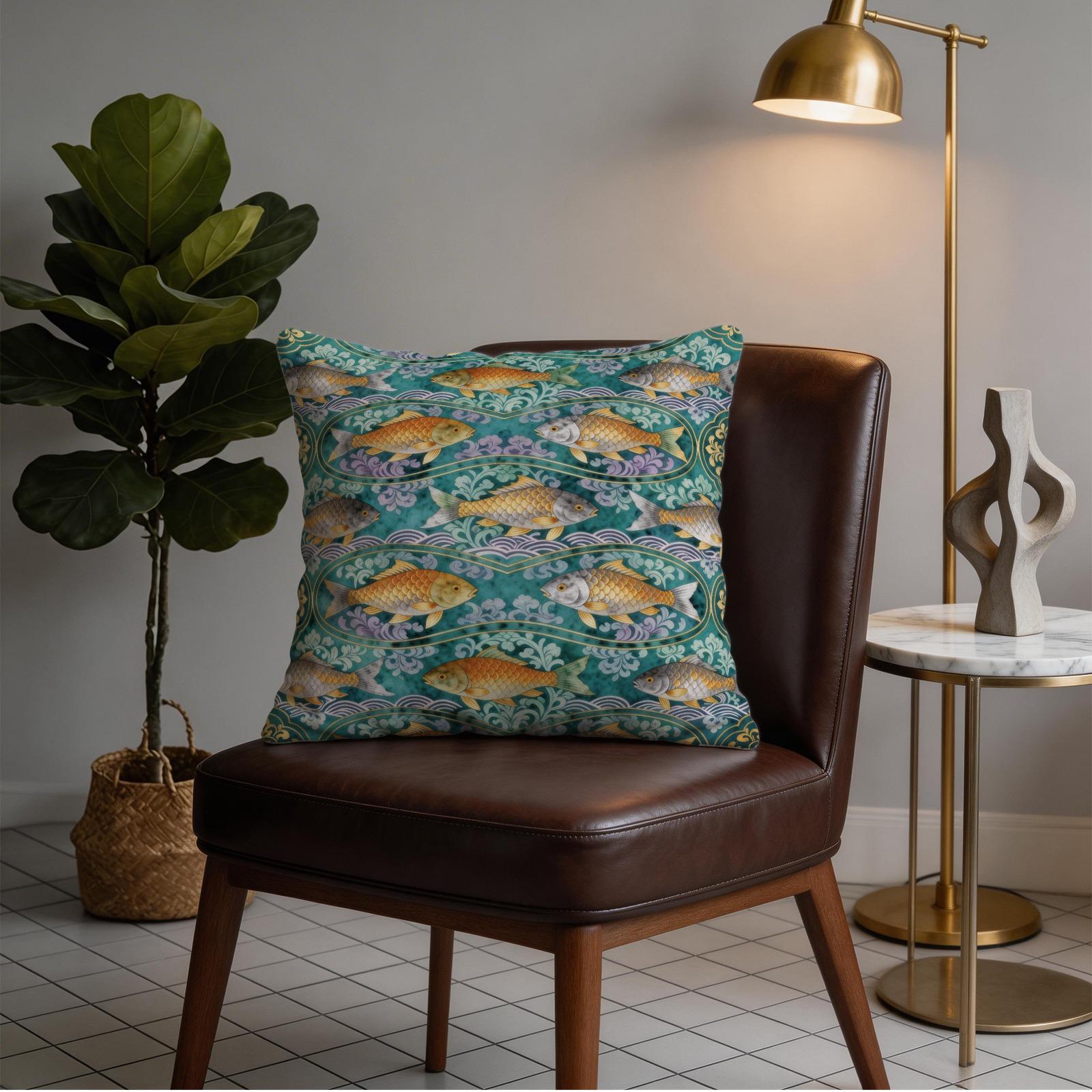 1 Pack 18×18 Inch Koi Fish Printed Throw Pillow with Invisible Zipper, Japanese Style Decorative Cushion for Couch, Sofa, Bed, Living Room and Bedroom, HD Digital Print, Fade-Resistant Soft Pillow