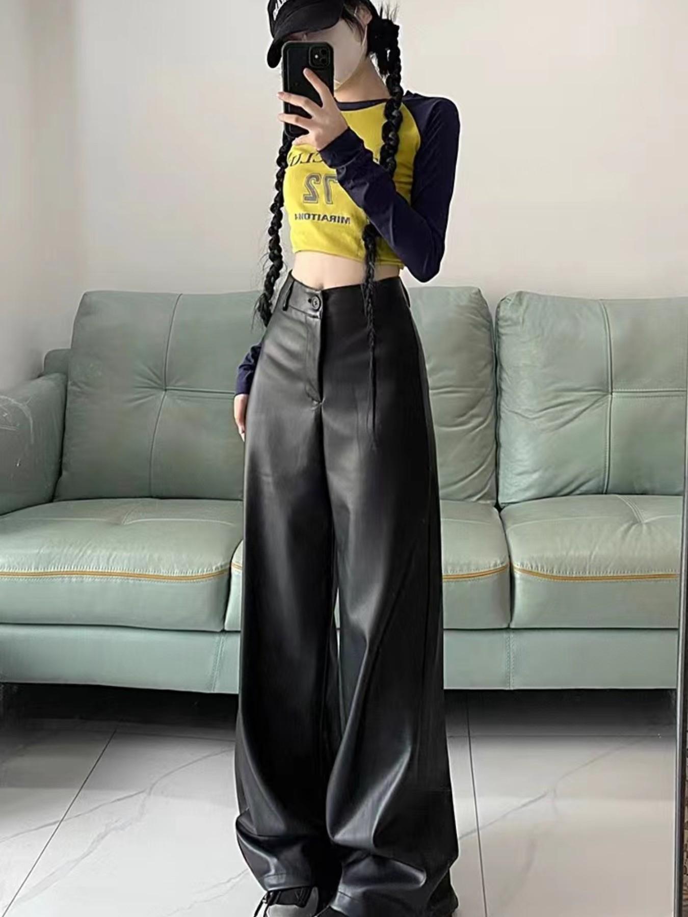 Trendy High-Waisted Wide-Leg Leather Pants, Slimming Straight-Cut Design, Streetwear Versatile Long Trouser, Fall & Winter Fashion