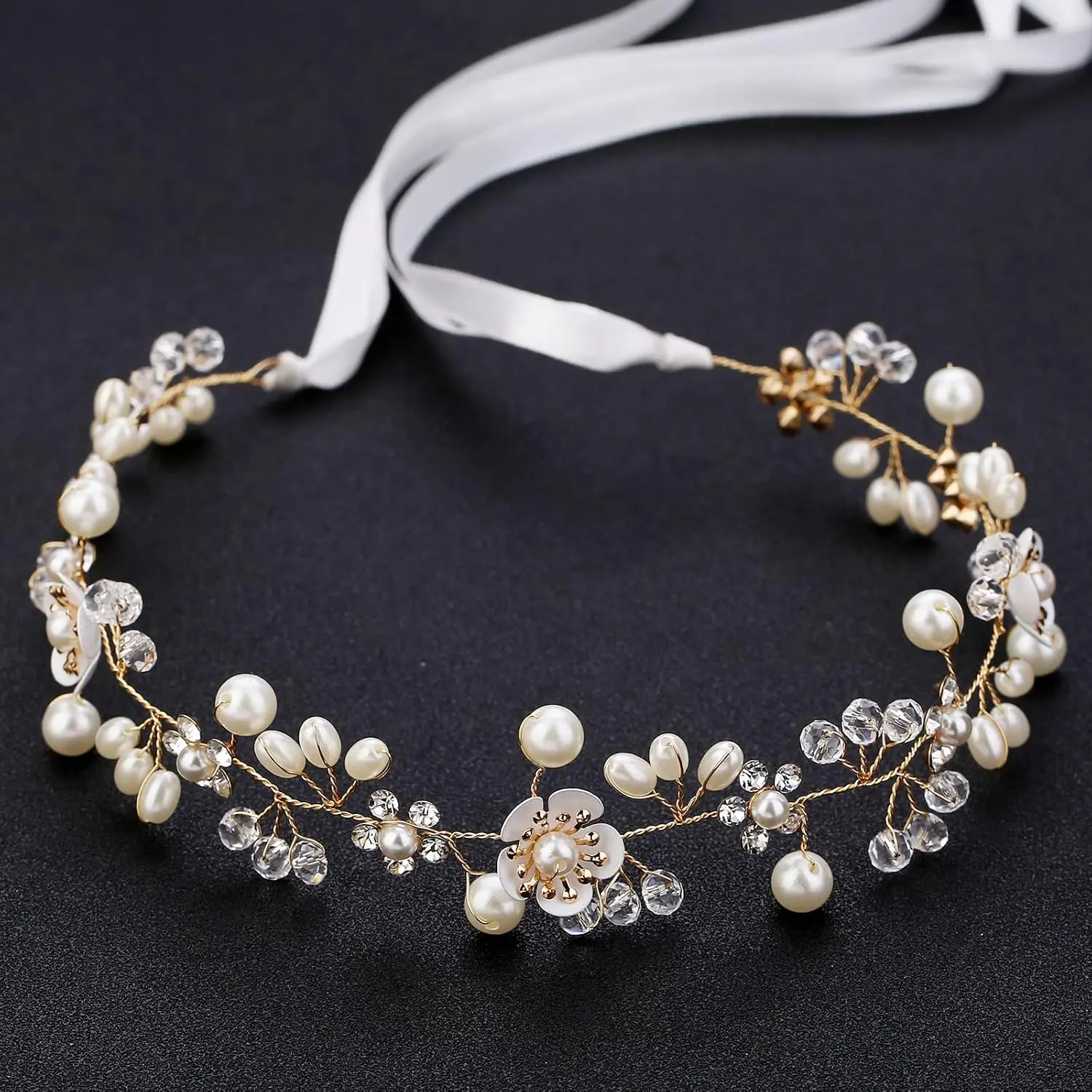 Hair Accessories: Bridal Pearl Flower Headpiece Headband for Girls, Flower Girls, and Women (Gold) |   Wedding Hairpiece for Kids Women Princess Headpiece White Flower Pearl Headband for Flower Girl Bridal Hair Accessories
