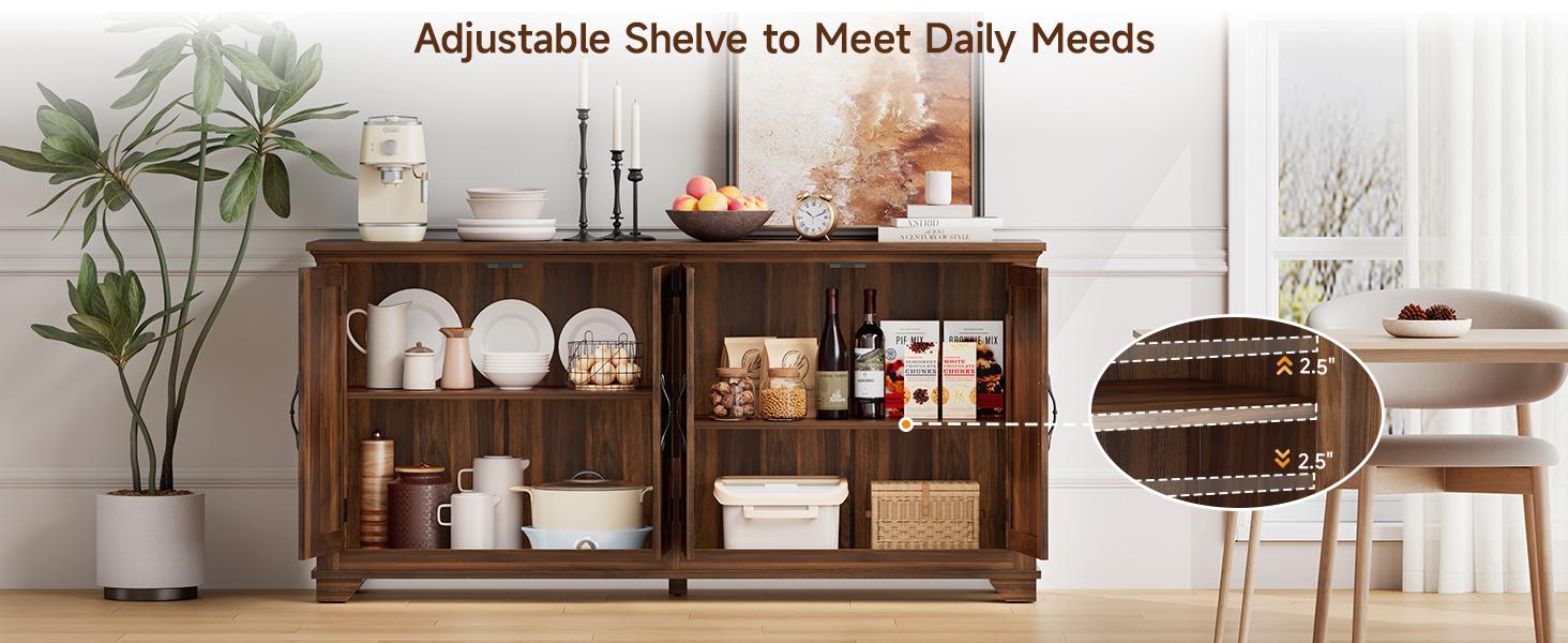 【SPOTLIGHT DAY】ONBRILL 63 Inch Buffet Cabinet with Storage, Large Sideboard Cabinet with 4 Carved Doors, Modern Credenza Storage Cabinets w/Adjustable Shelves for Kitchen, Living Room