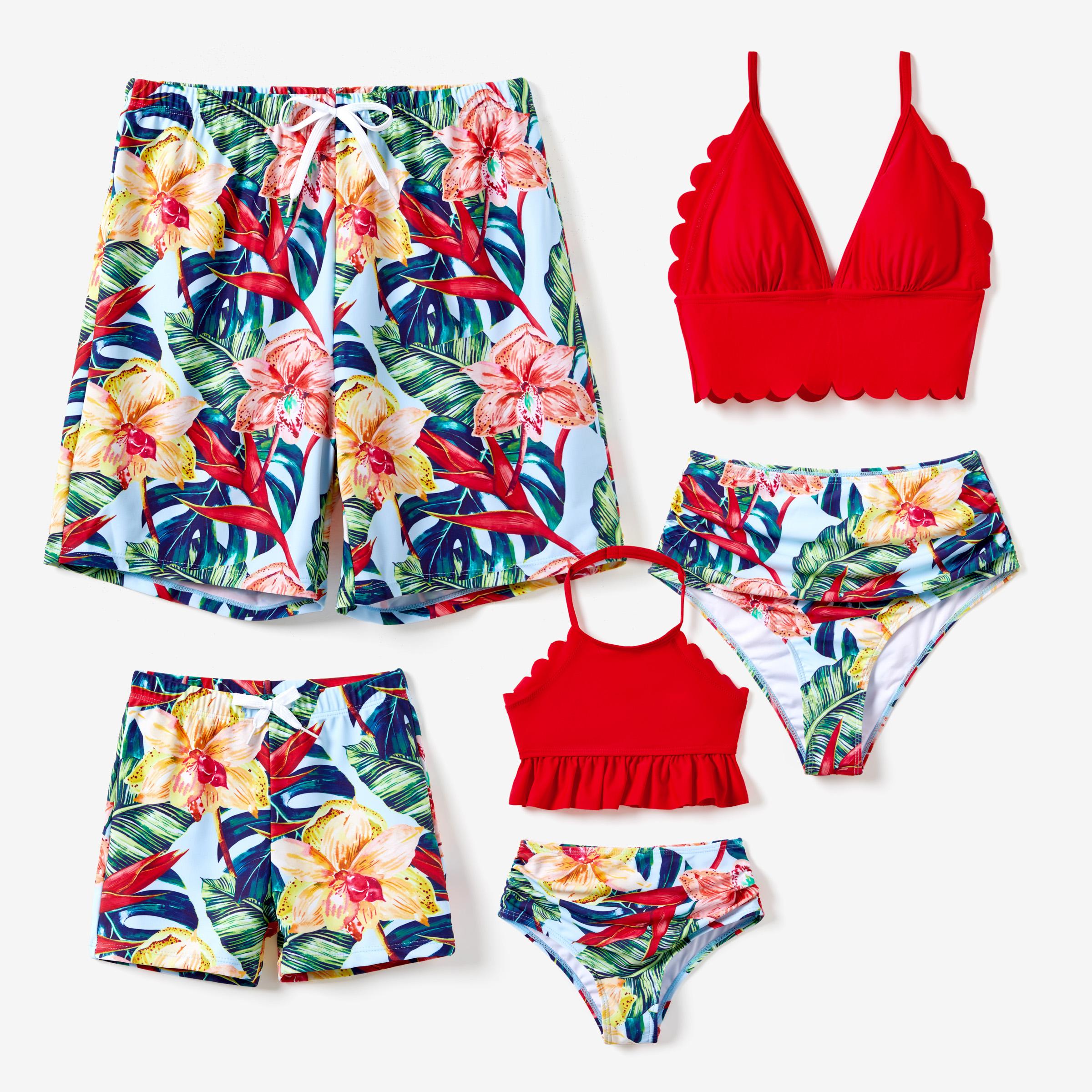PatPat Swimsuits Tummy Control High Waisted Two-piece Full Support Family Matching Swimwear and Allover Floral Print Swim Shorts Bathing Suits Spring Break Spingtok