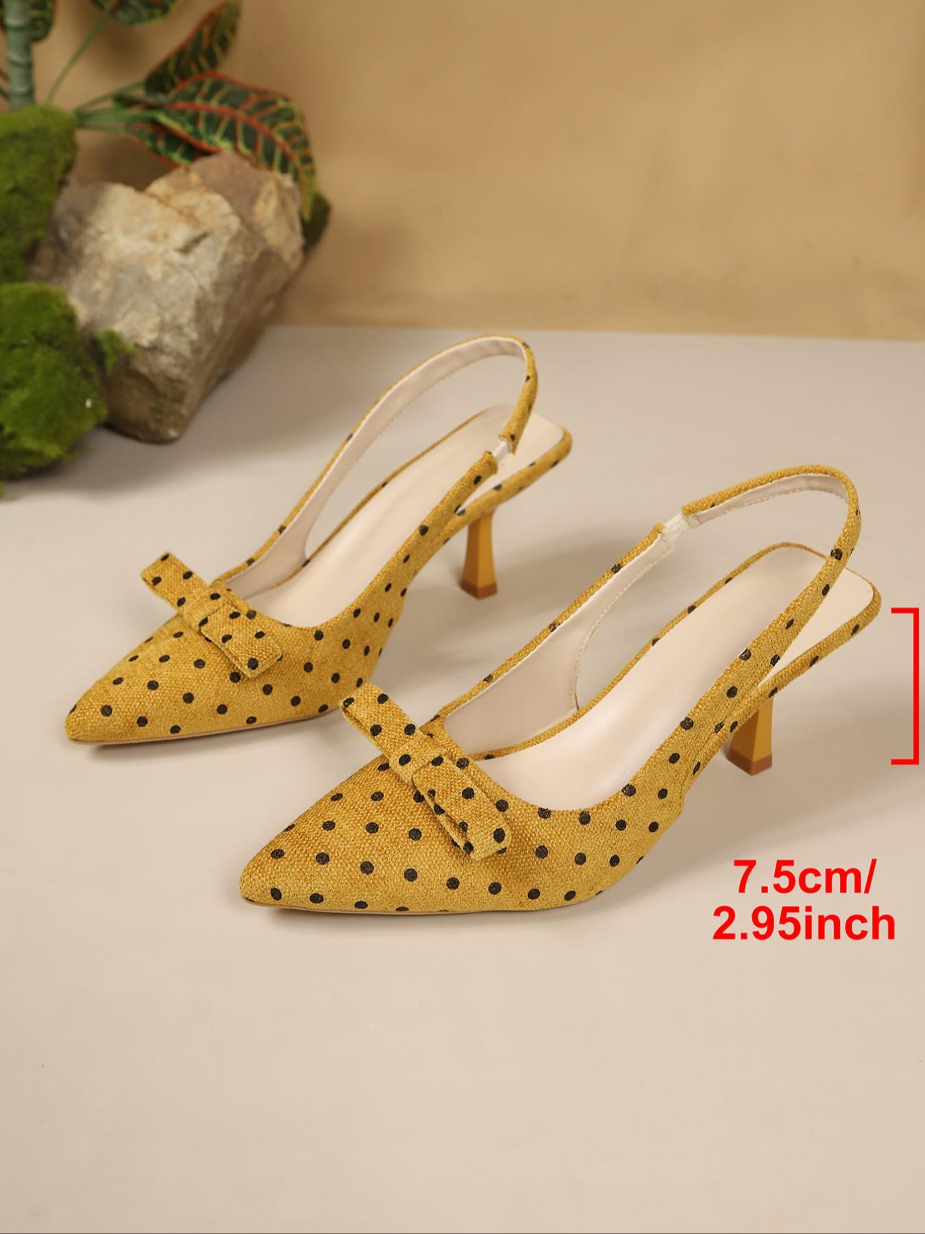 Women's Vintage Pointed Toe Slingback Kitten Heel Pumps, Sweet Bow Appliqué Decoration, Solid Color Or Polka‑Dot Printed Upper Options, Soft Cushioned Insole, Elegant Footwear Perfect For Dating Occasions, Bridal Events, Daily Commute And Semi‑Formal Gath