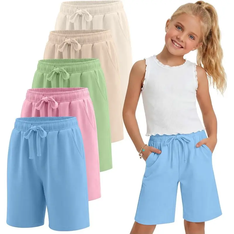 5-Pack Girls' Bermuda Shorts, Knee-Length Athletic Casual Clothes with Adjustable Waist, Drawstring Tie, Pockets for School & Play, Ages 5-14