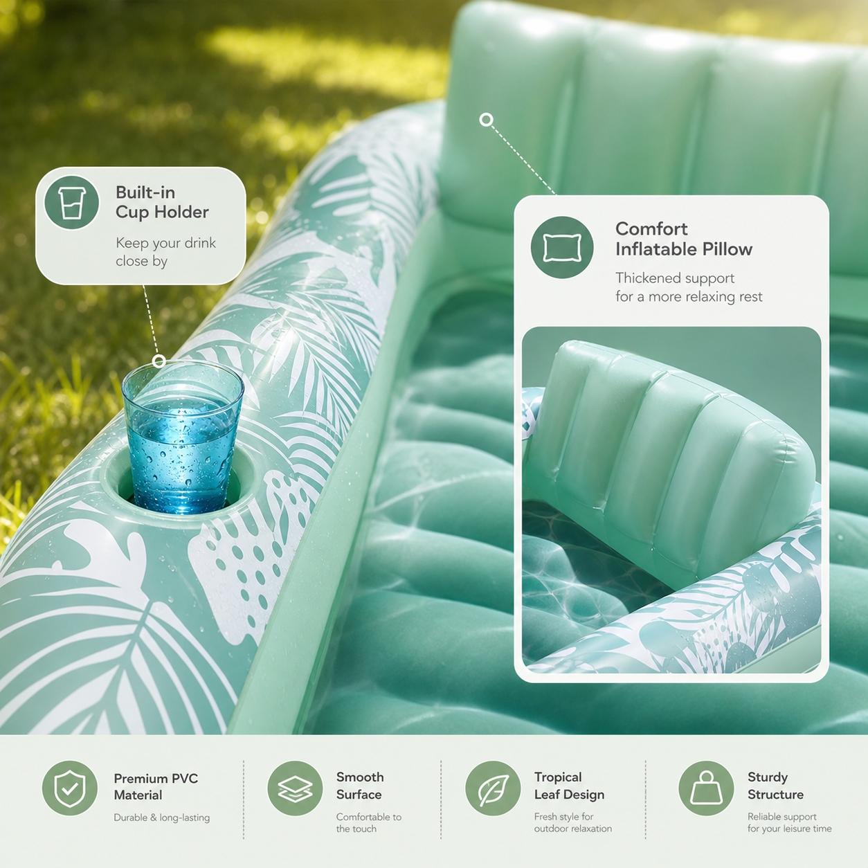 Inflatable Sun Lounger Float Ring with Cup Holder, 70x46 Inch Extra Large Adult Float with Pillow, 4-In-1 Pool Float, Party Gift