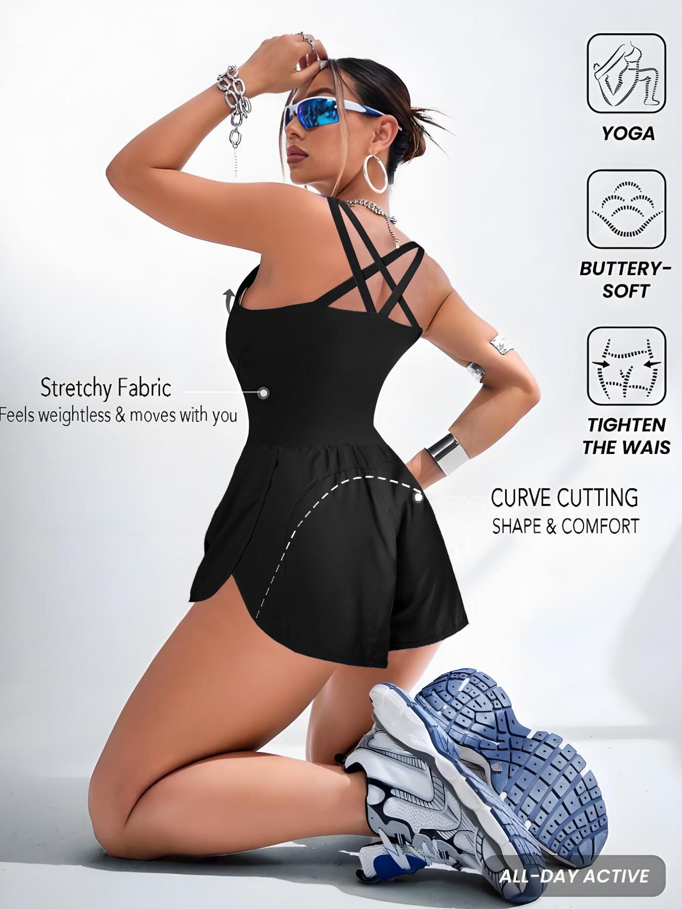 Women's Solid Color Cut Out Sports Romper, Sporty Romper, Casual Sleeveless Tank Romper, High Waisted Romper, Elastic Waist Romper, Workout Rompers, Exercise Rompers, Athletic Rompers for Yoga Gym Workout, Ladies Sportswear for All Seasons, Yoga Jumpsuits