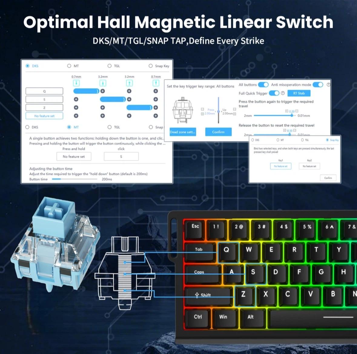 T68pro Magnetic Keyswitch Keyboard, 60% Compact Design, Quick Trigger 0.01mm, 8k Return Ratio, 128k Rate, RGB Backlit, Wired Gaming Customizable