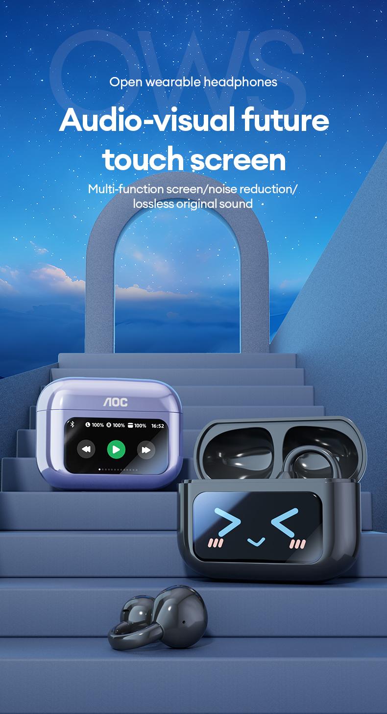 AOC ACD3521 Clip-On Ear Headphones with Real-Time Translation in 169 Languages with APP, Audio-Visual Future Touch Screen, BT6.0 Wireless Headphones for Music & Phone Calls, Sport Waterproof & Sweatproof