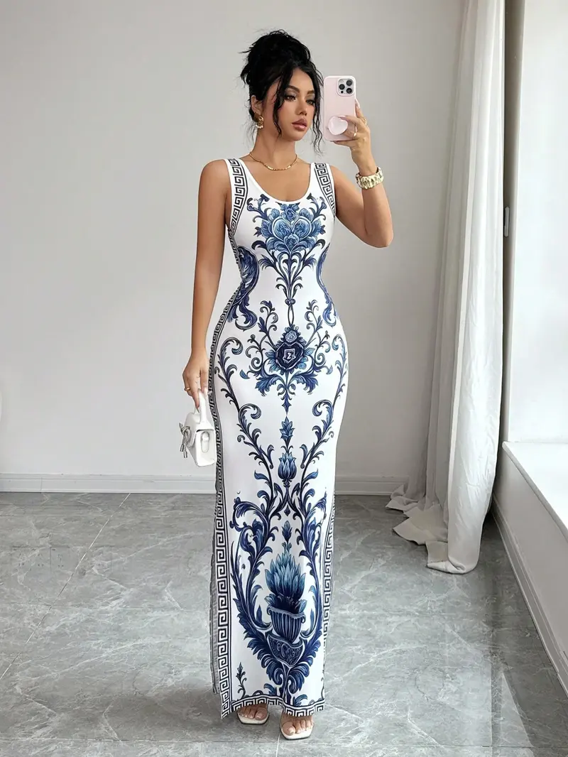 Elegant Printed Chinese Style Belted Split Hem Luxurious Chic Vintage Middle Eastern Uae Robe Gowns, New Arrival Maxi Print Dress Clothes