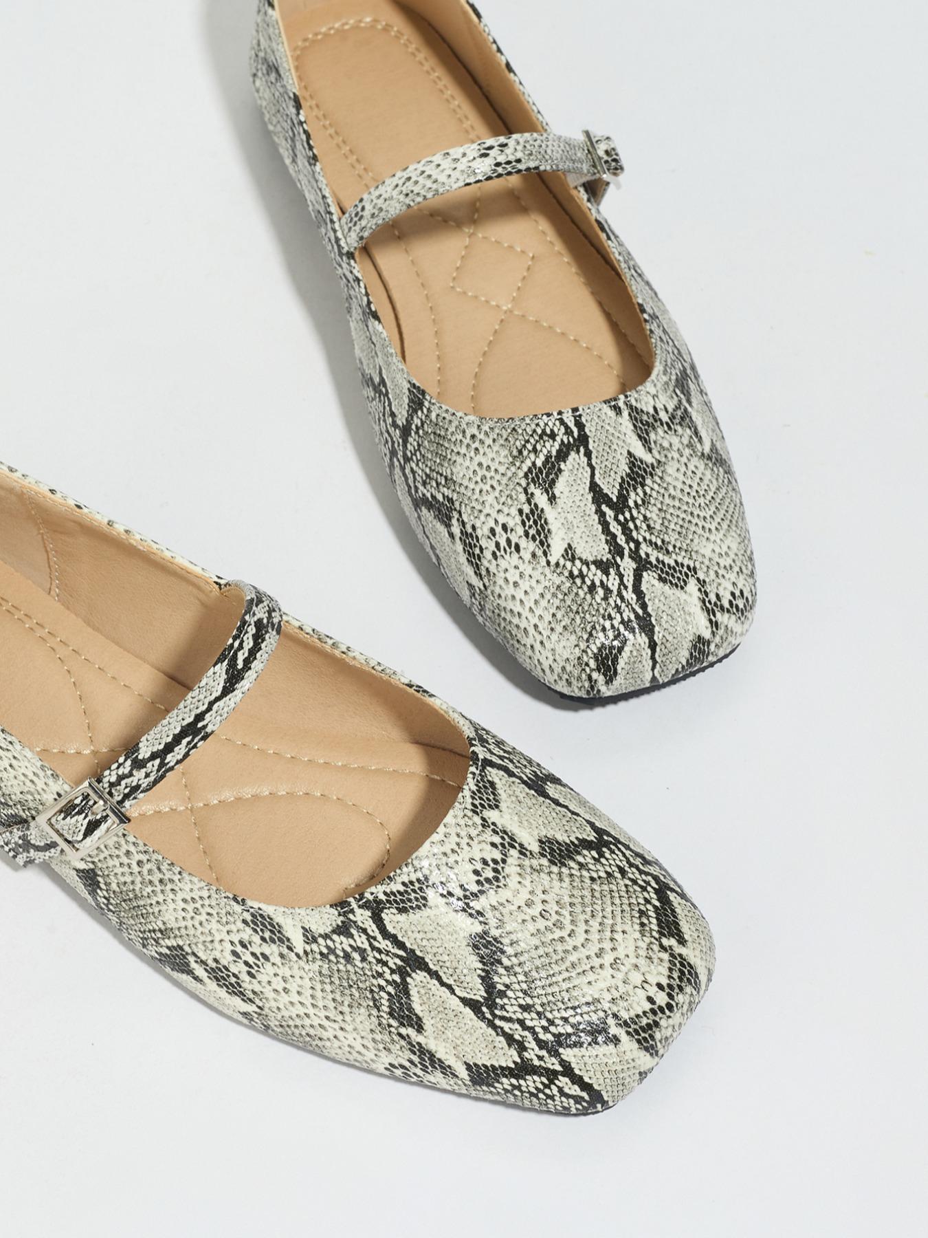 Women's Retro Snake Print Flat Mary Jane Shoes, Metal Buckle Slip-On Ballet Flats, Comfortable Low Heel Summer Shoes, Casual Flats
