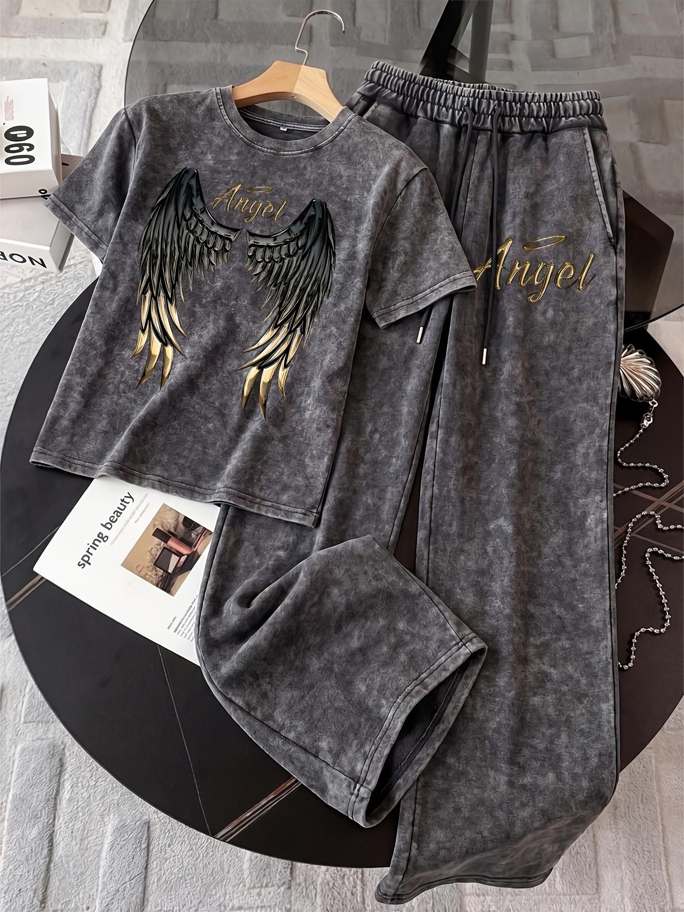 2-Piece Set, Distressed Casual Outfit Featuring a Tri-Color Black & Gold Wing Print (Y2K Sweet-Cool/Baddie Style), Includes a Drop-Shoulder, Round Neck Short-Sleeve Top and Drapey Wide-Leg Trousers, Perfect for Everyday, Vacations, or Outings, Clothes