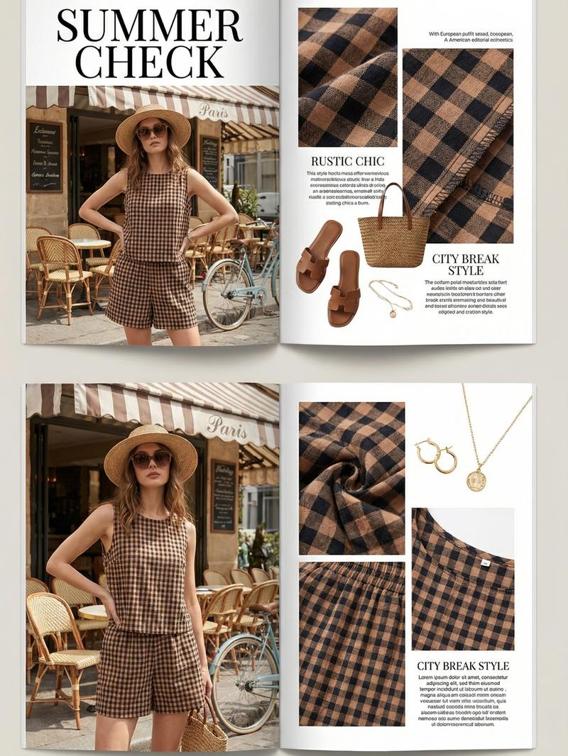 Women's Summer Plaid Crop Top Set, Elastic Waist Pocket Shorts, Casual Loose Fit Beach Vacation, Comfortable Daily Wear