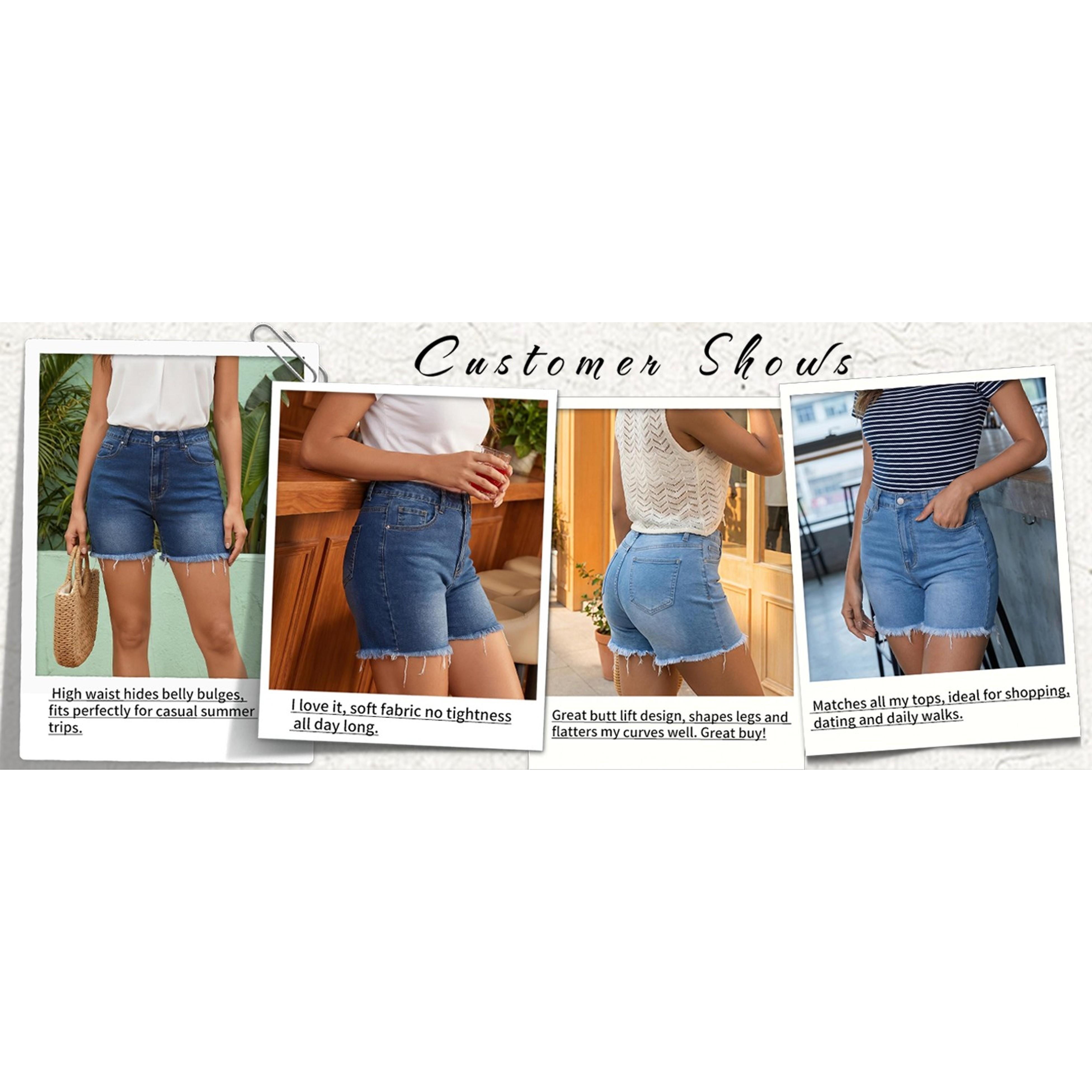 Women's High-Waisted Stretchy Ripped Frayed Hem Denim Jean Shorts, Streetwear Cotton Linen Bottoms with Kimono-Inspired Accents, Fabric, Style