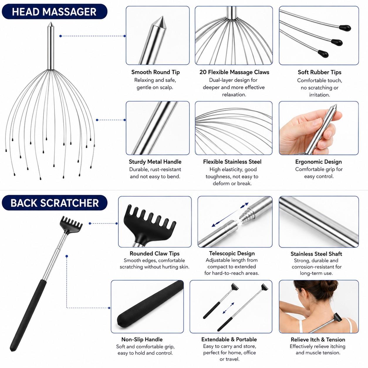 Stainless Steel Octopus Head Massager Set with Telescopic Back Scratcher, Adjustable Scalp Massage Tool Kit with Velvet Storage Bag for Stress Relief Relaxation