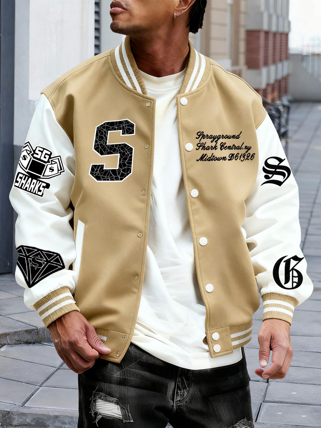 Men's Trendy Baseball Jacket, Geometric Pattern, Colorblock Sleeves, Button Closure, Stretch Fabric, All Season Outerwear, Casual Style