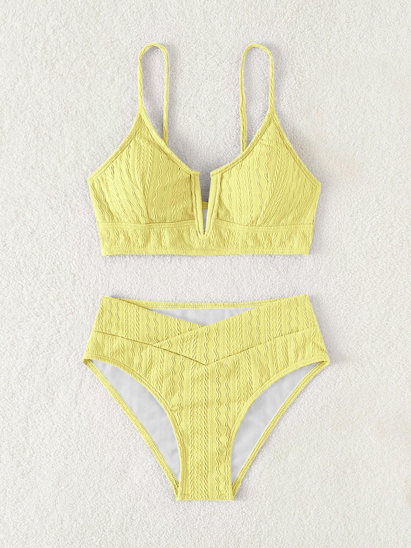 Women's Textured V-Wire Bikini Set 👙 Cross Overlap High Waist Tummy Control Bottoms | Padded Push Up Two Piece Bathing Suit | Trendy 2026 Summer Beachwear Vacation Essentials ✨Available in multiple colors