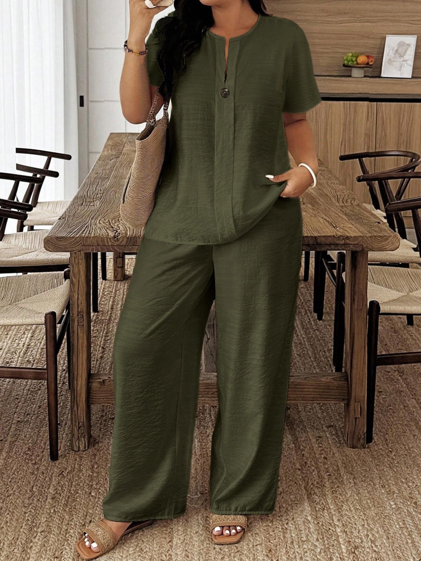 Summer New Plus Size Women's Casual Long Sleeve Shirt & Loose Pants Set, Perfect for Vacation