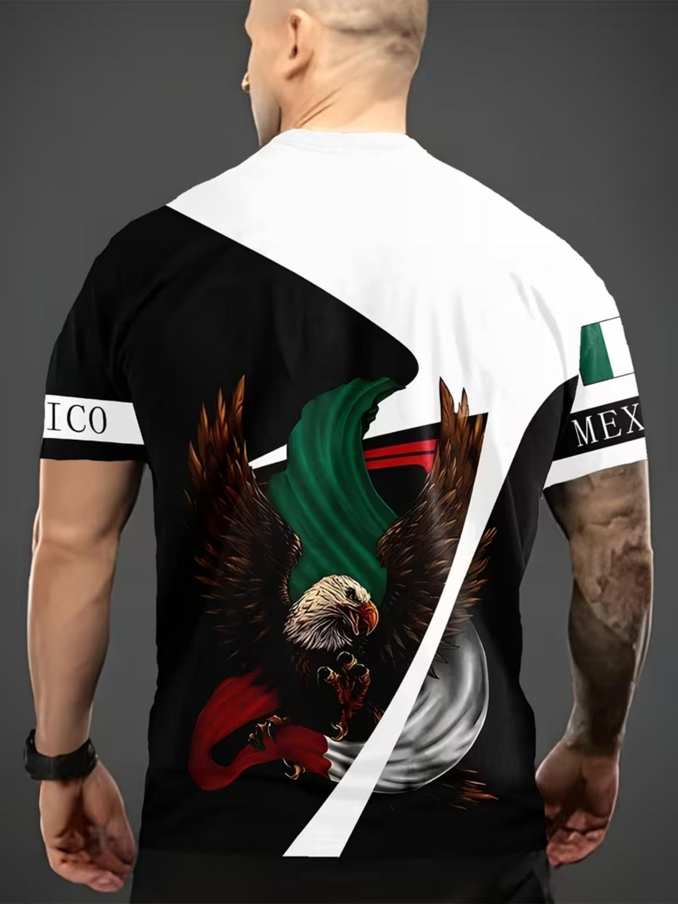 Mexican Flag Eagle Print T-Shirt Crewneck Fitted, Men's Fashion Short Sleeve, National Theme Design, Casual Trendy Streetwear Top, All Seasons Wear, Menswear