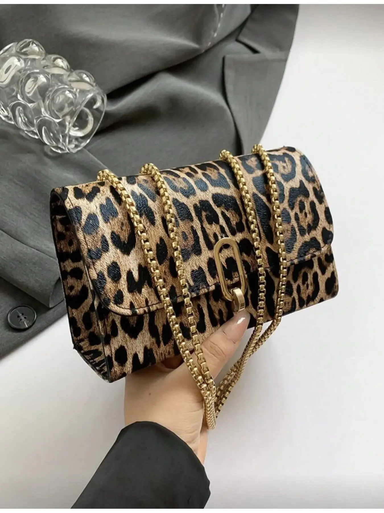 Vintage Fashion Leopard Print Flap Mini Square Bag Metal Double Chain Shoulder Bag Adjustable Crossbody Bag for Women Daily Student Casual Use New Autumn Winter Cheetah Print Wallet Tiger Pattern Bag Fashionable Crossbody Bag Fashionable Patterned Bag