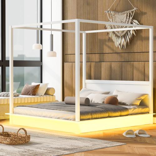 [Bellemave]Queen /KingSize Wood LED Canopy Bed ,Canopy Platform bed With Support Slats, No Box Spring Needed, White