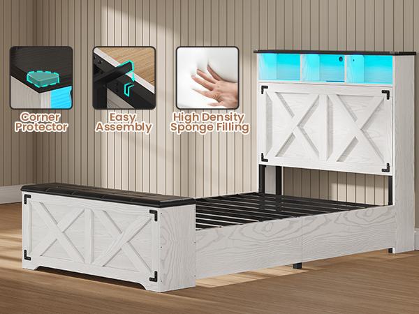 Hasuit Farmhouse Bed Frame Twin Size with Storage Headboard, Charging Station and LED Light, Wooden Twin Bed Frame with Storage Ottoman, Barn Door Design, No Box Spring Needed, No Noise