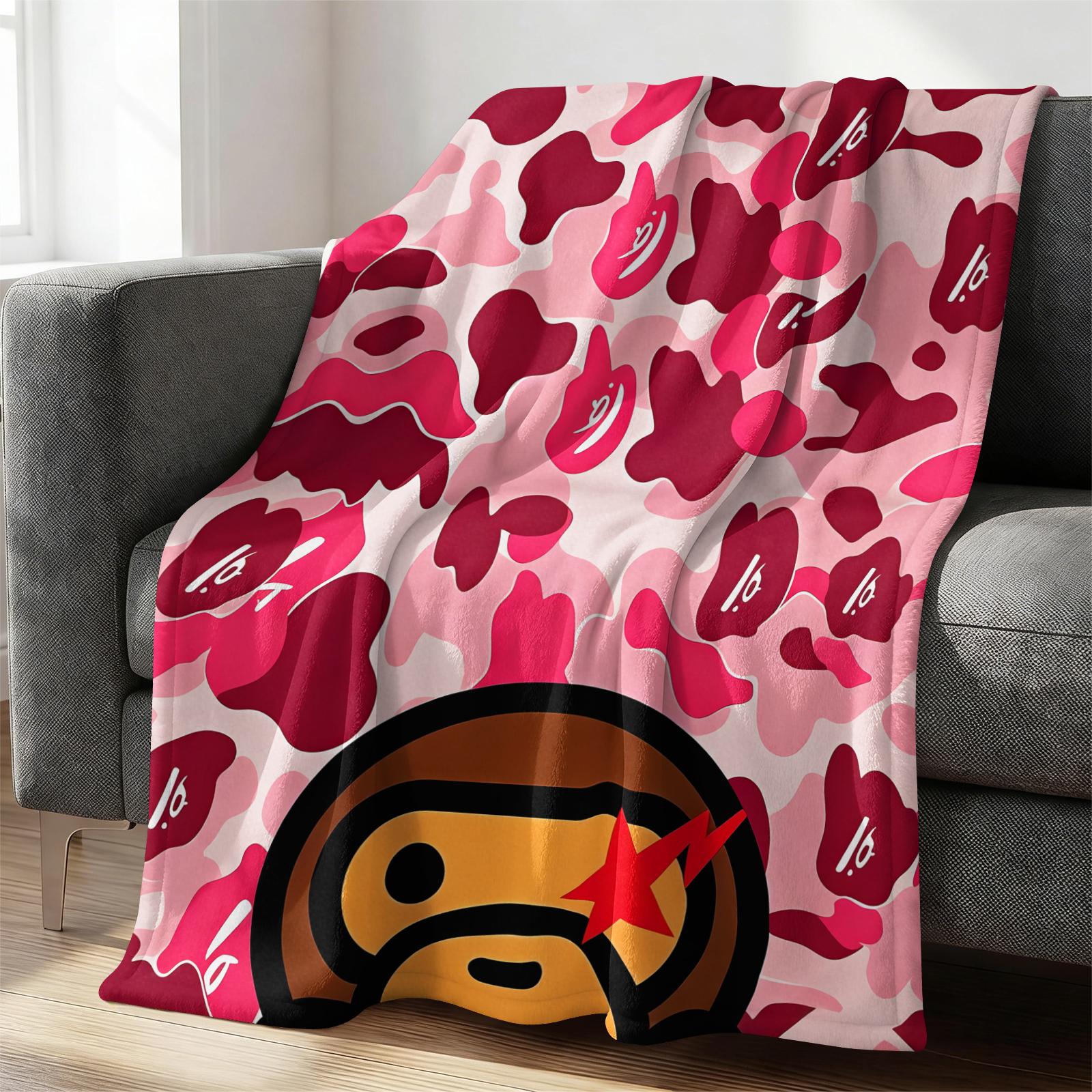 Blue Camouflage Cartoon Ape Red Star Lightning Bolts Flannel Blanket, Soft and Lightweight Durable, Ideal for Bedroom Dorm Gaming Room Decor, Sofa Throw Cover, Office Nap Mat, Car Cover Blanket and Cool Gift