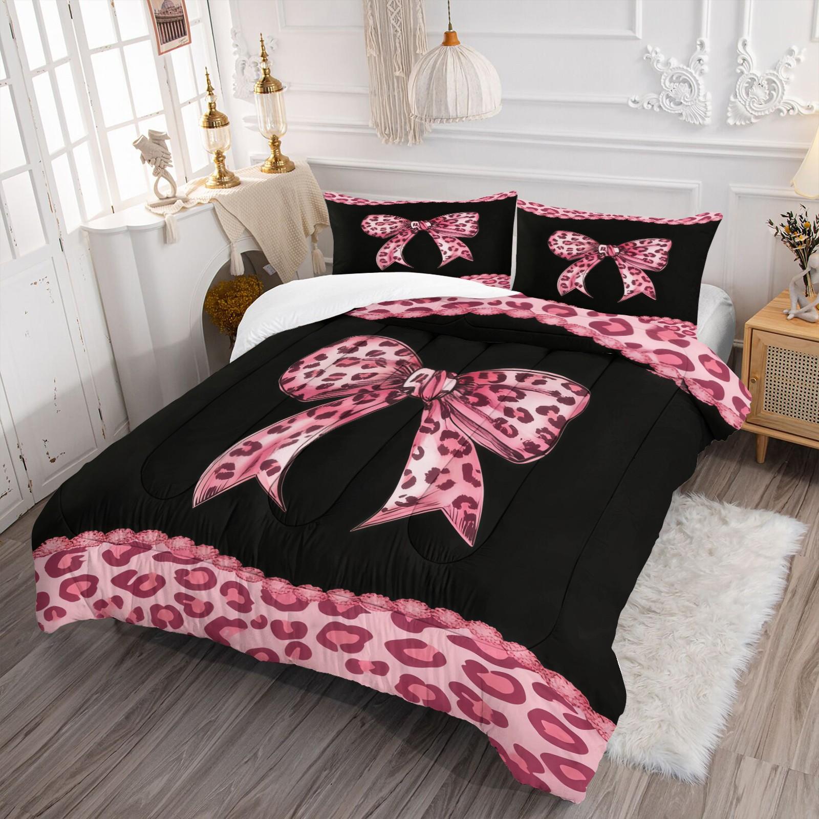 Leopard Print Bow Pattern Bedding Set, Soft Bedding Sets Adult Bedroom Decoration, Suitable For Giving To Friends And Family, As a Moving And Holiday Gift, Including 1 Blanket And 1 Or 2 Pillowcases Without Pillowcases
