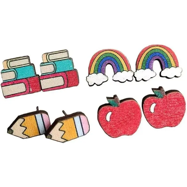 4 Pairs Teacher Earrings for Women Wooden Book Rainbow Pencil  Stud Earring  Teacher Appreciation Gifts