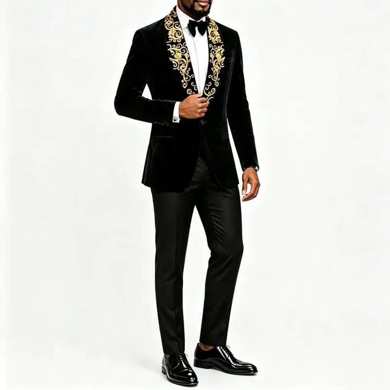 Men's Velvet Tuxedo Blazer with Gold Embroidery Shawl Lapel, Slim Fit Long Sleeve Formal Wear Dinner Jacket for Wedding, Prom Menswear Suit Workwear