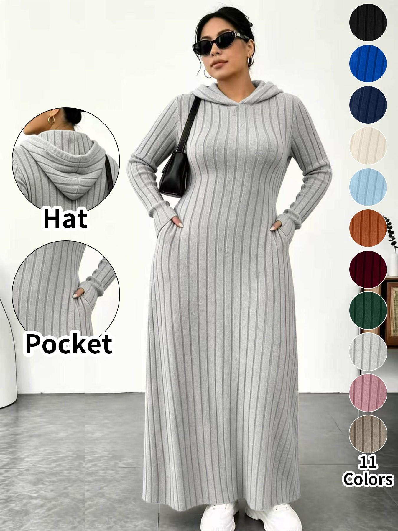 Plus Size Women's Long Knit Dress, 11 Colors Available, Slim Fit with Pockets, Micro Plus Size Slimming Hooded Top, Long Sleeve Base Layer