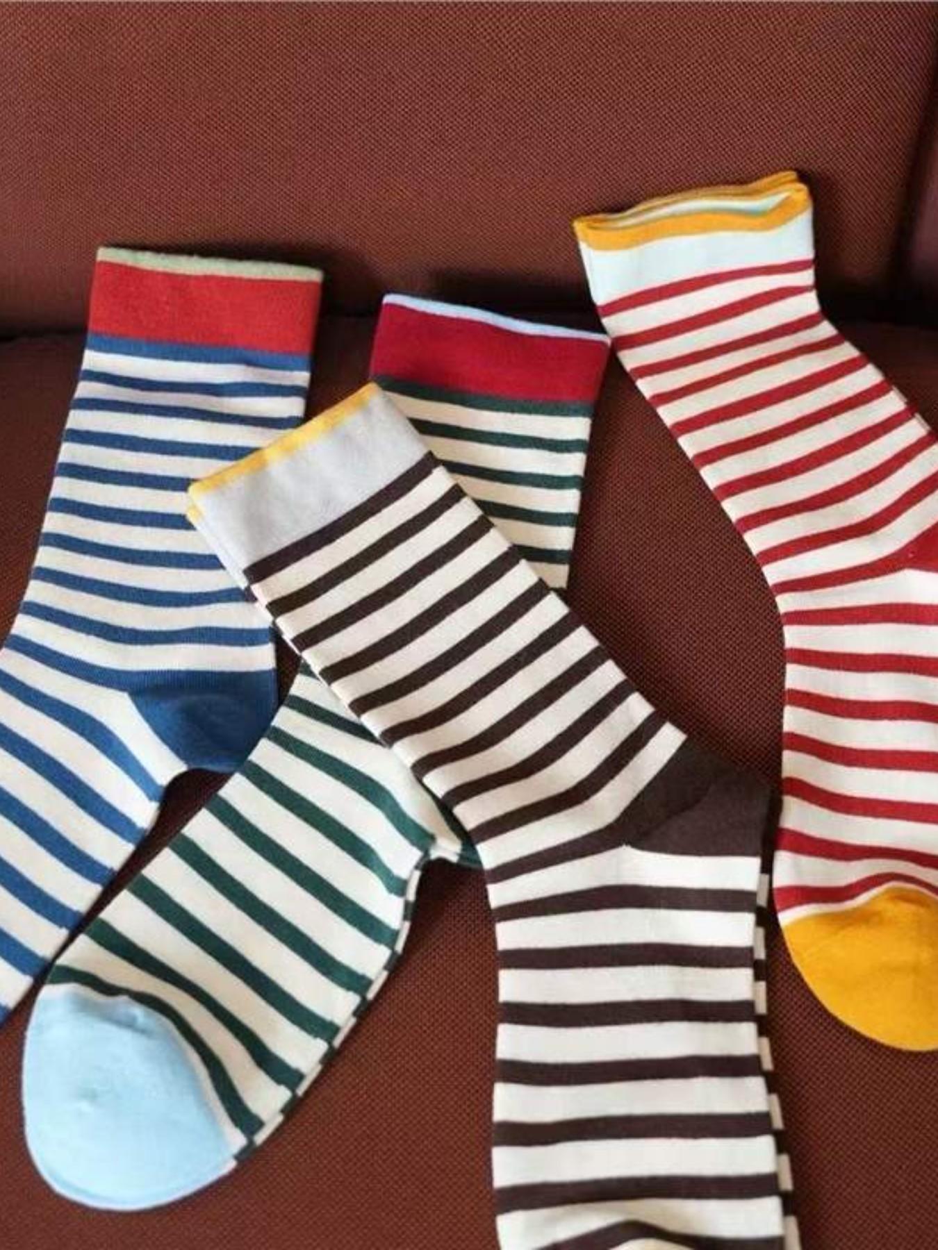 New American Colorblock Mid-Calf Socks, 4 Pairs Versatile Striped Design, Men & Women Fashion Trendy Socks, Stylish Stackable Socks