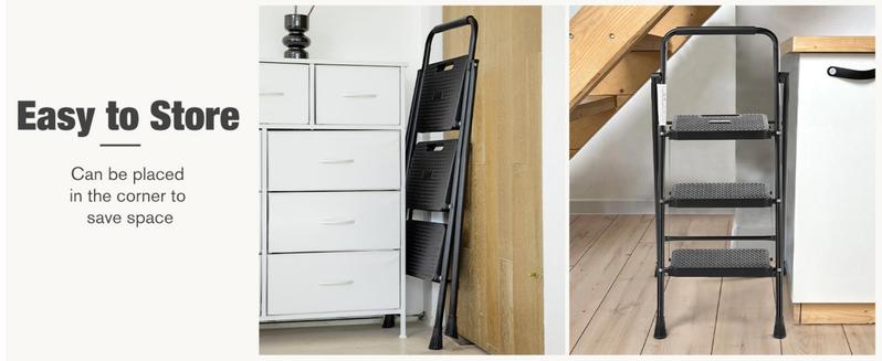 2/3 Step Ladder, 800lbs Sturdy Portable Ladder, Folding Step Stool with Wide Anti-Slip Pedal, Cushioned Handle, Lightweight Step Stool for Home Kitchen and Outdoor