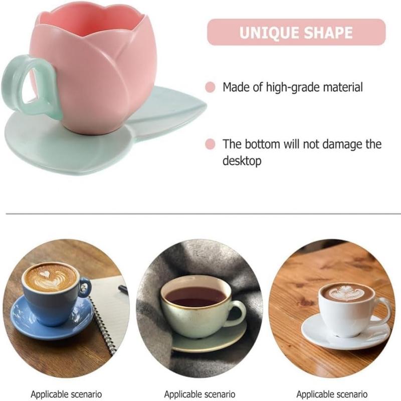 1 Count Ceramic Tulip Coffee Mug with Saucer Set, Shape Cup, Cute Mug Set, Latte Mugs for Tea Coffee Milk for Home Office Aesthetic 🌸Multi-use Cup and Saucer  Designer Coffee Mug ☕  🥐 🍰