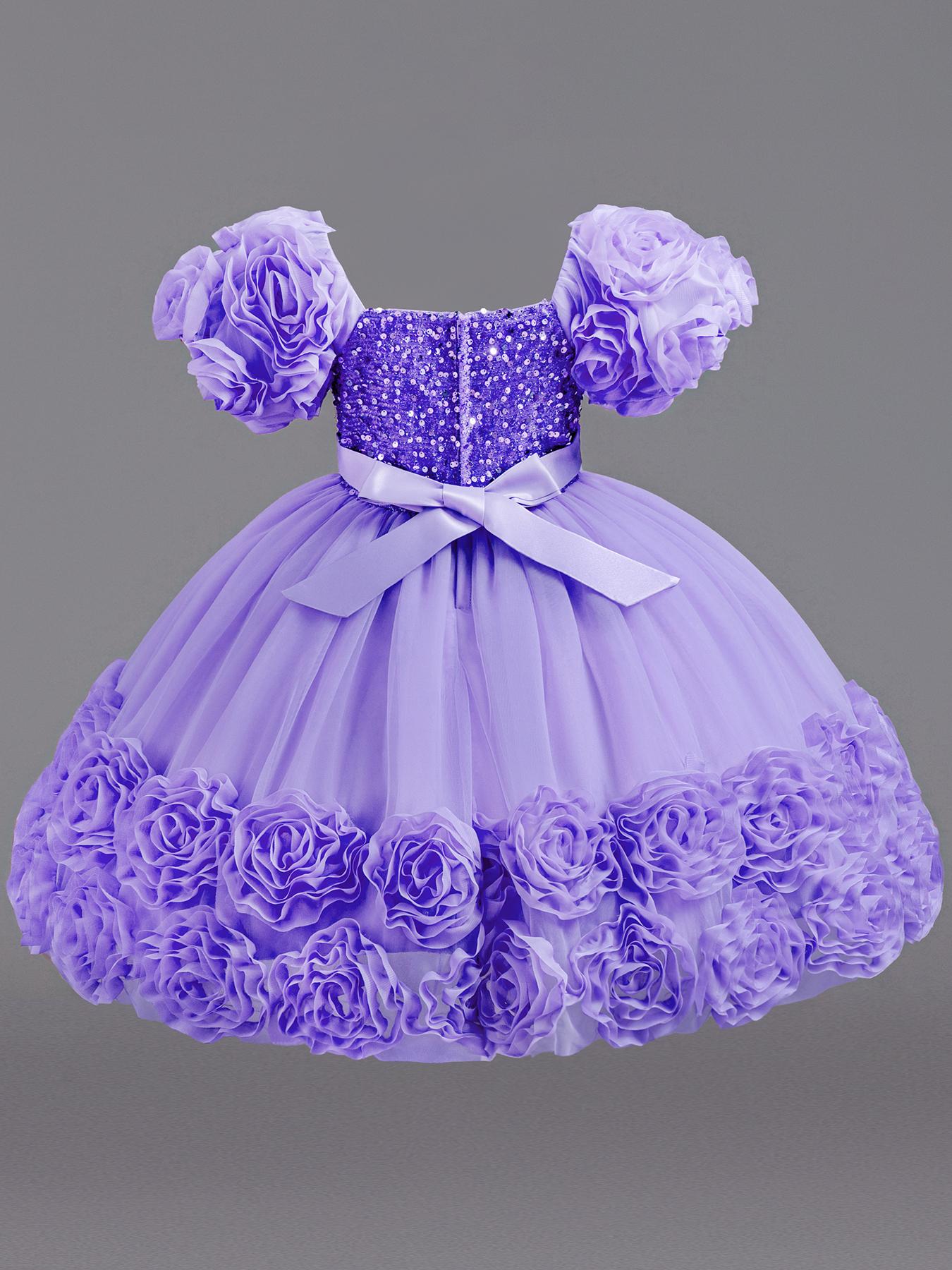 Girls Short Sleeve Party Dress Floral Embroidery Puffy Tulle Bow Flower Girl Princess Gown