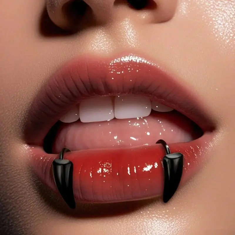 Stainless Steel Black Vampire Fangs Fake Lip Ring 2Pcs No Piercing Snakebite Punk Halloween Jewelry