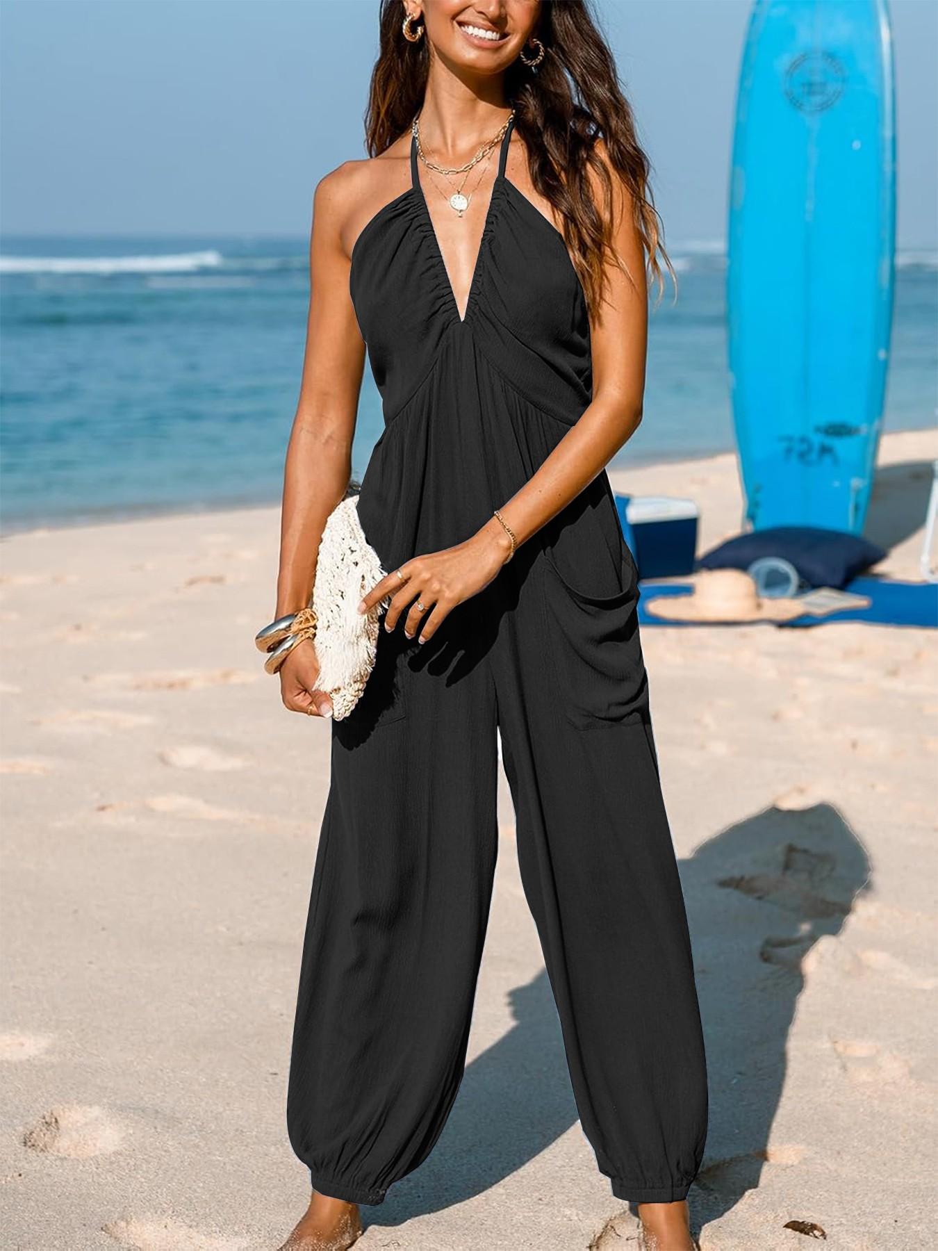 Ultimate Summer Loungewear: Relaxed Halter Jumpsuit with Pockets | Effortless Chic for Home, Travel & Beach Vibes