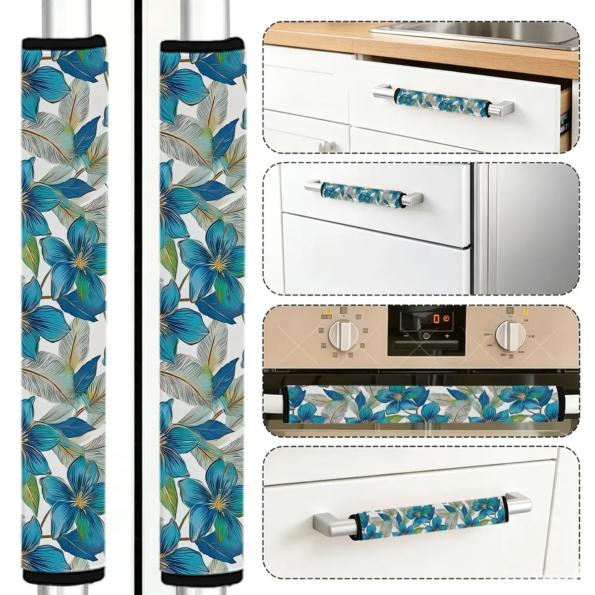 2pcs Blue Floral Print Refrigerator Handle Covers, Kitchen Appliance Pull Handle Protectors, Perfect Kitchen Decor Set