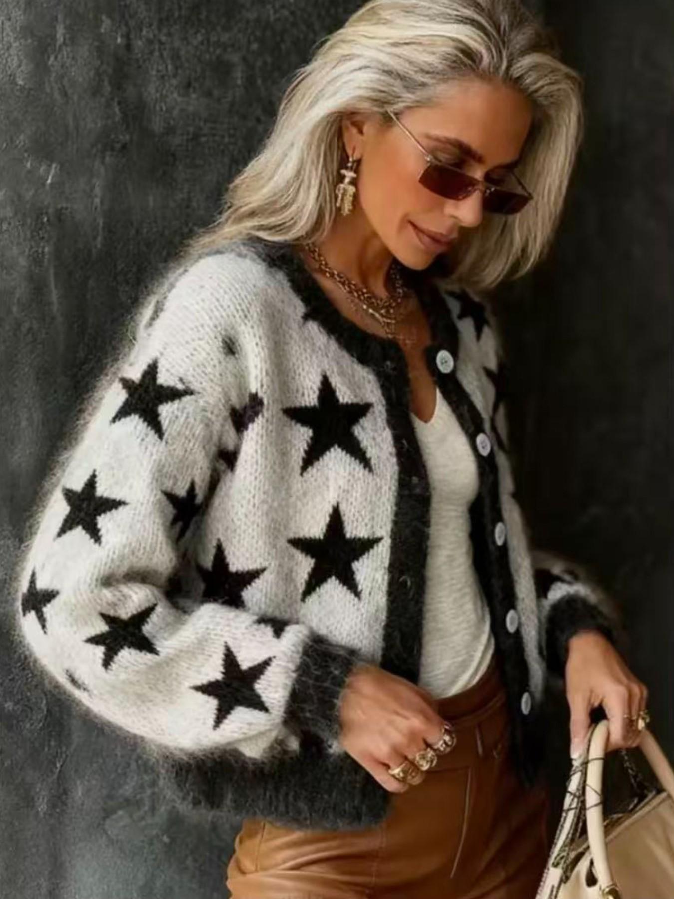 Women's Colorblock Star Knit Cardigan, Button Fall Winter New Arrival, Elegant and Youthful, Casual Fashion Long Sleeve Top, Round Neck Sweater Jacket