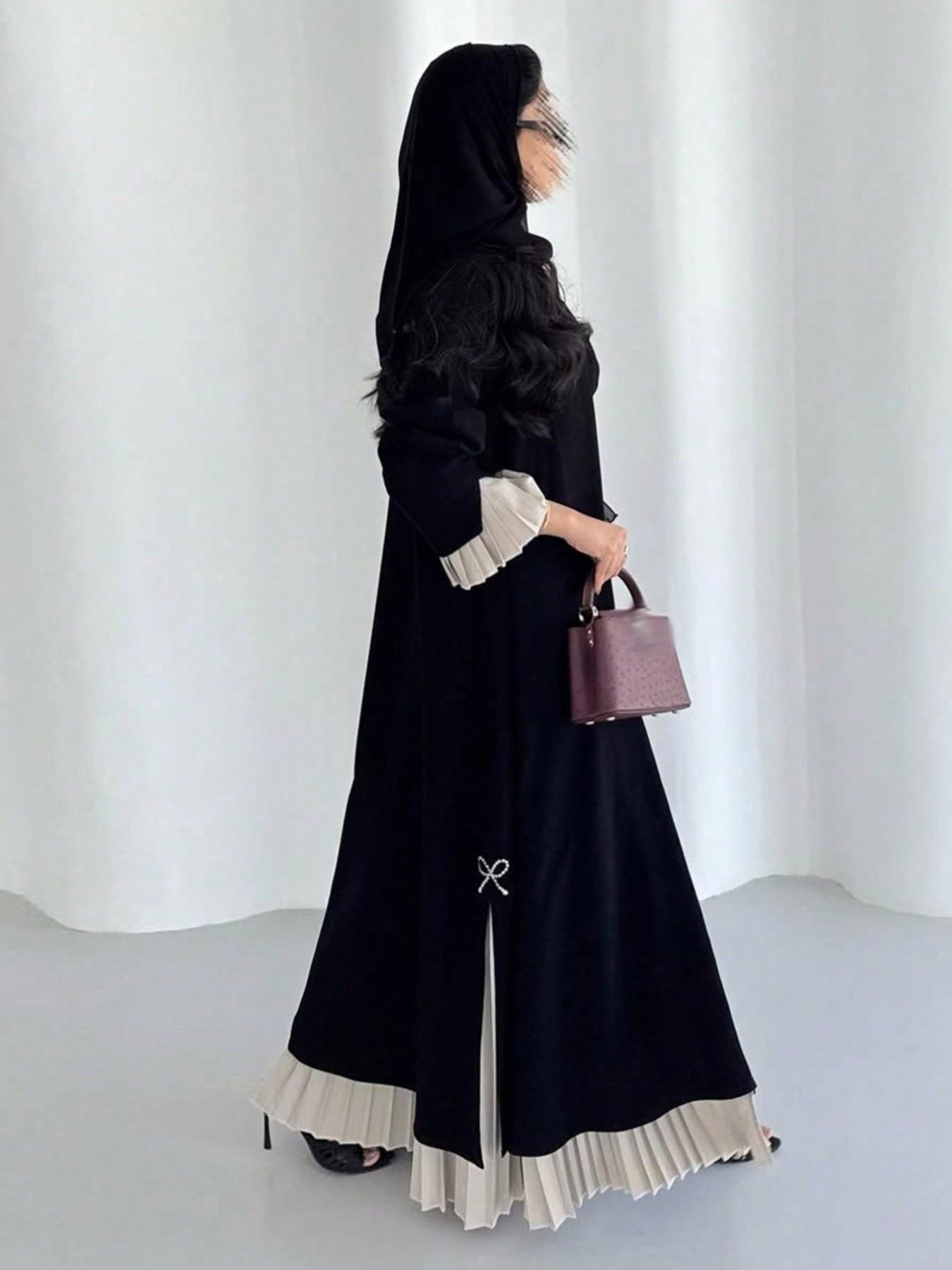 Commute Party Pleated Patchwork Abaya, Pearl Bow Loose Fit Long Outer Robe, Muslim Luxury Women's Clothing, All Seasons