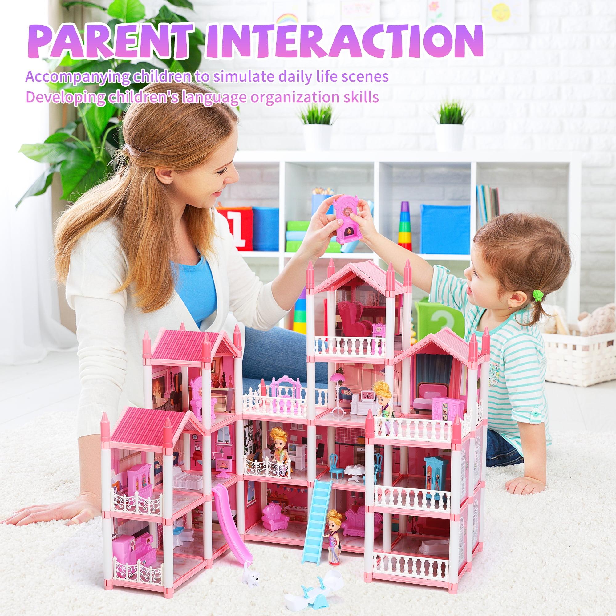 16 Rooms Huge Dollhouse, 10" x 6" x 11" Doll House ,Pink Pretend Play Toy House For Girls, Assembly required, Spring