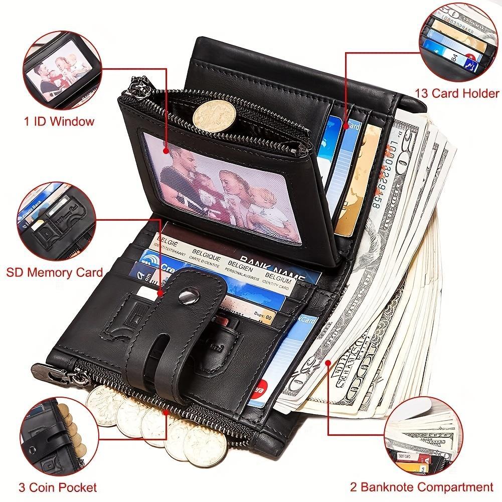 Genuine leather chain wallet for men, RFID-blocking short wallet, double zipper card holder, anti-theft coin pocket, ideal gift for men