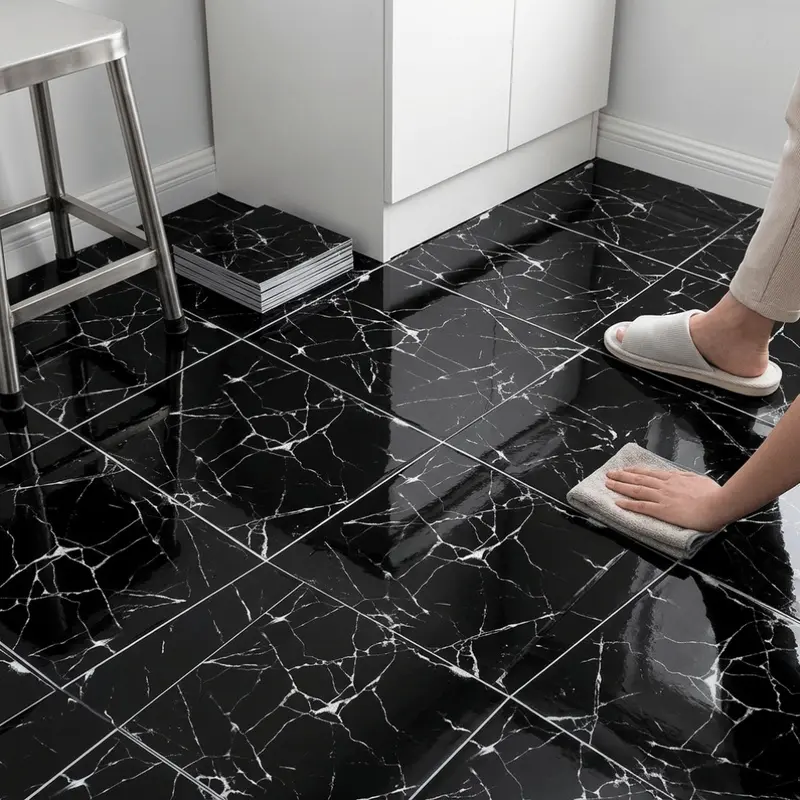 12/24 Pieces Optional Black White Marble Peel and Stick Floor Tiles, Removable Vinyl Floor Sticker, Easy to Clean for Bathroom Kitchen Home Floor Decoration, Bathroom Flooring